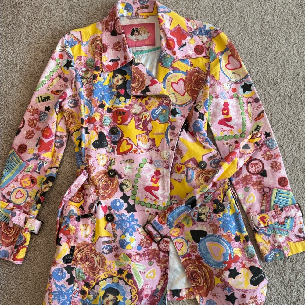 Colorful Graphic Trench Coat Small Fun Printed Graffiti IN style. On point!